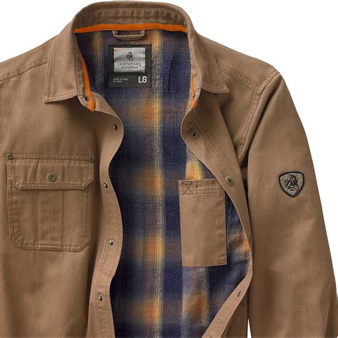 Legendary whitetails men - WARM & COMFORTABLE: Insulated and quilted to keep you warm and comfortable from day one. AUTHENTIC STYLING: Contrast suede-like fabric sets this shirt jacket apart. EASY ON/OFF: Provides a quick snap front style with side hand warming pockets and polyester lined sleeves. LEGENDARY BRANDING: Features antique "Hunt" label on bottom front placket ...